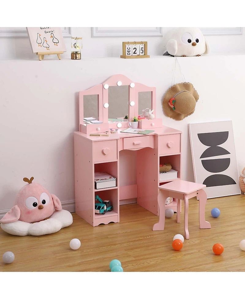 Gaomon 2-in-1 Wooden Kids Vanity Set,Tri-Fold Mirror, Stool & Drawer