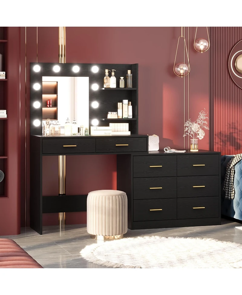 Gaomon 61" Make up Vanity Desk with Mirror and Lights, 3 Lighting Modes Vanity Organizer with Adjustable Brightness