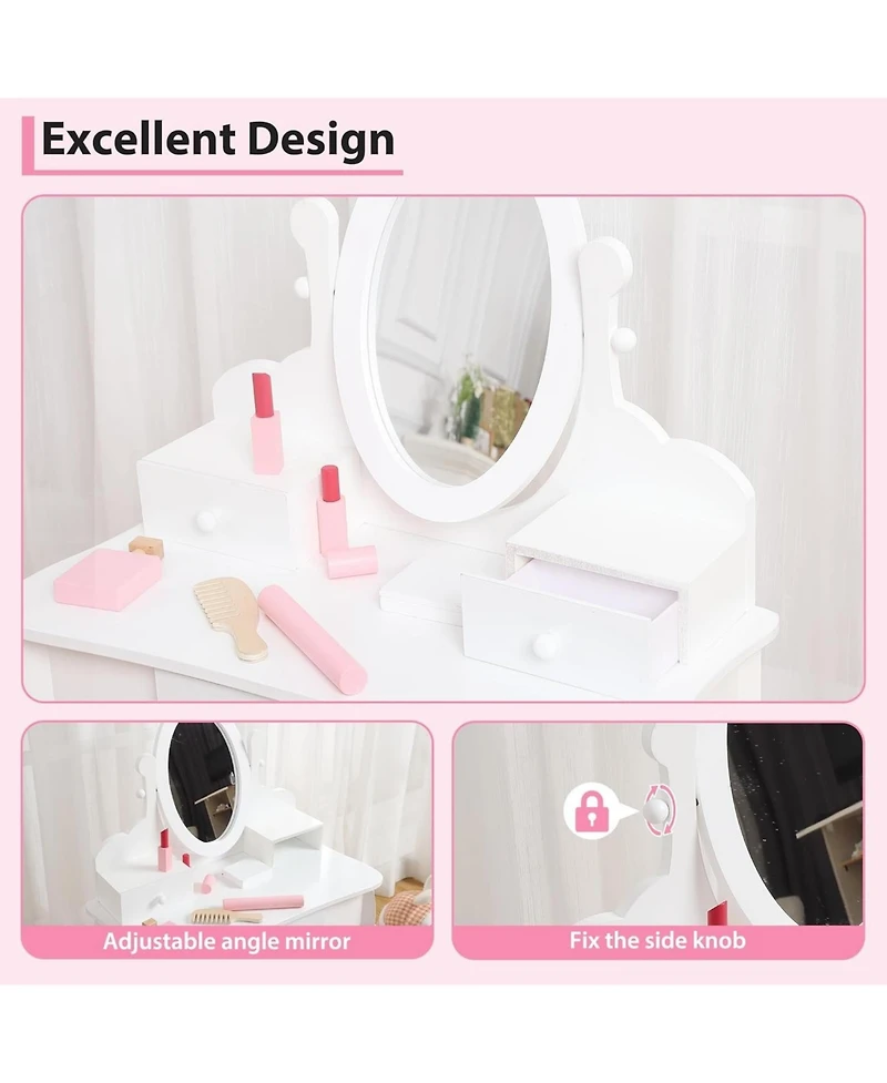 gaomon Adjustable Mirror Kids Vanity Set with Stool and Storage Drawers – Wooden Princess Makeup Dressing Table for Ages 4–9