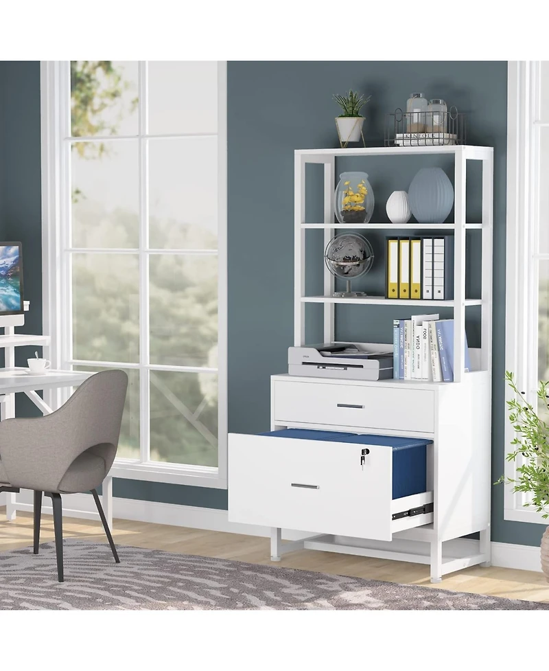 Tribesigns 2 Drawer Vertical File Cabinet with Lock & Bookshelf, Letter Size Large Modern Filing Cabinet Printer Stand with Open Storage Shelves