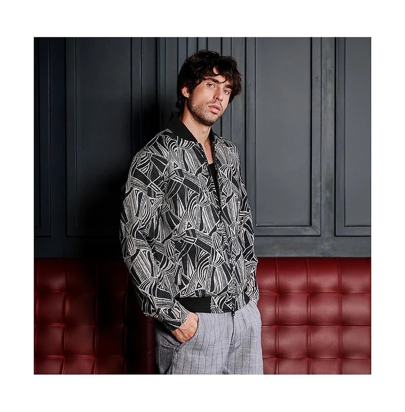 Campus Sutra Men's Midnight Black Stroke-Jacquard Bomber Jacket