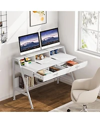 Tribesigns White Computer Desk with Storage Shelf & Drawers, Modern 47 inch Office Writing Desk Study Table with Monitor Stand