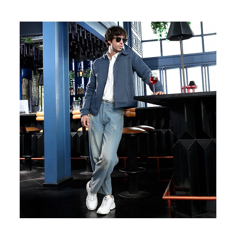 Campus Sutra Men's Indigo Blue Panel-Stitch Knit Jacket