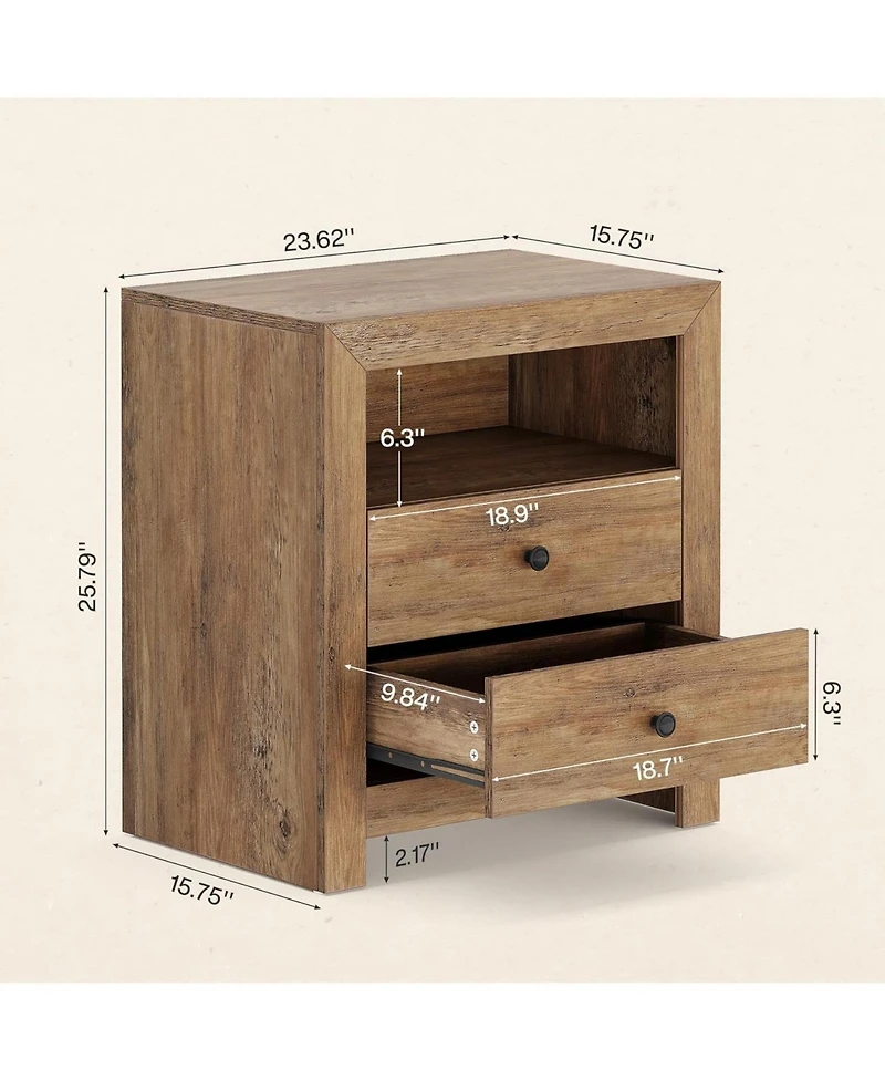 Tribesigns Farmhouse Nightstand with 2 Storage Drawers, Rustic Nightstand Table with Open Shelf, End Side Table, Rustic
