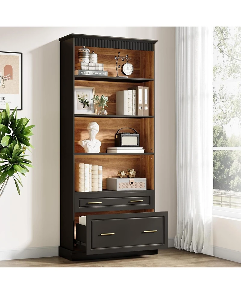 Tribesigns 72" White 5-Shelf Bookcase with Drawers – Modern freestanding wood bookshelf for display and storage