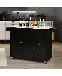 Gymax Drop-Leaf Kitchen Island Trolley Cart Wood Storage Cabinet w/ Spice Rack