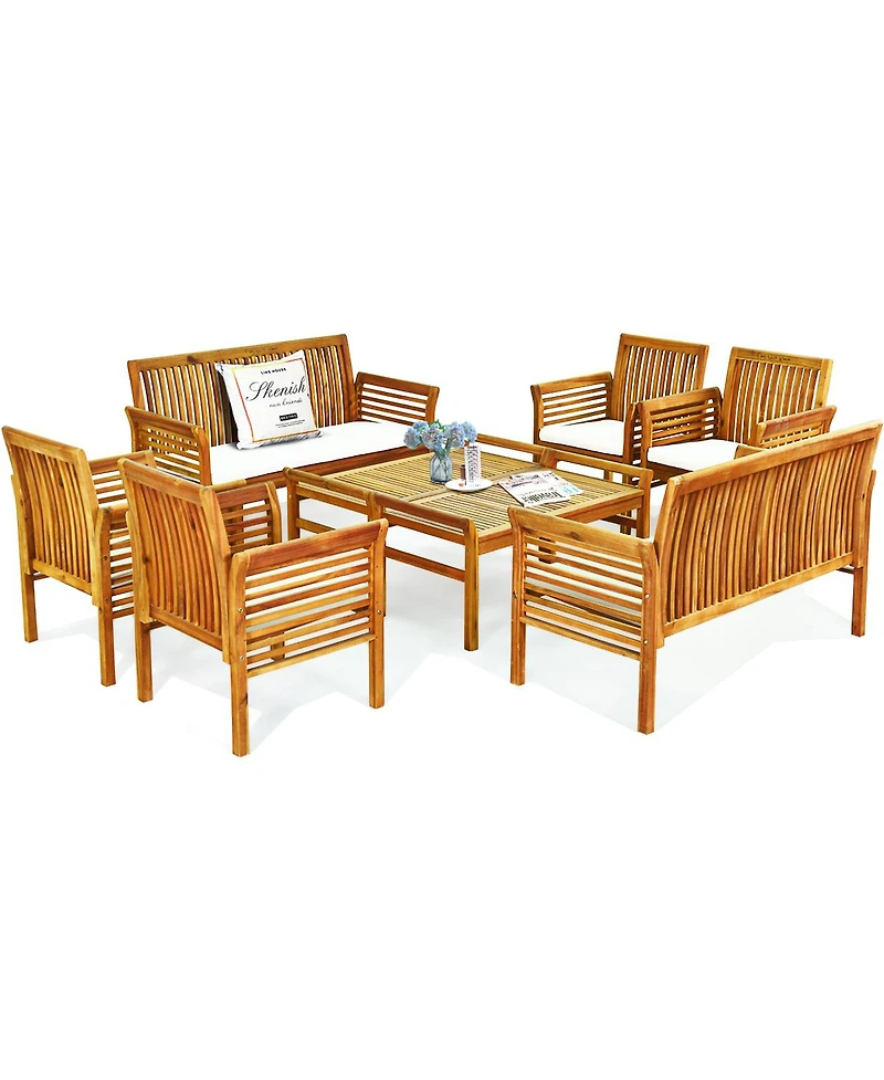 Costway 8 Pcs Outdoor Acacia Wood Sofa Furniture Set Cushioned Chair Coffee Table Garden