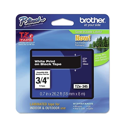 Brother P-Touch TZE345 0.7 in. x 26.2 ft. TZe Standard Adhesive Laminated Labeling Tape - White on Black