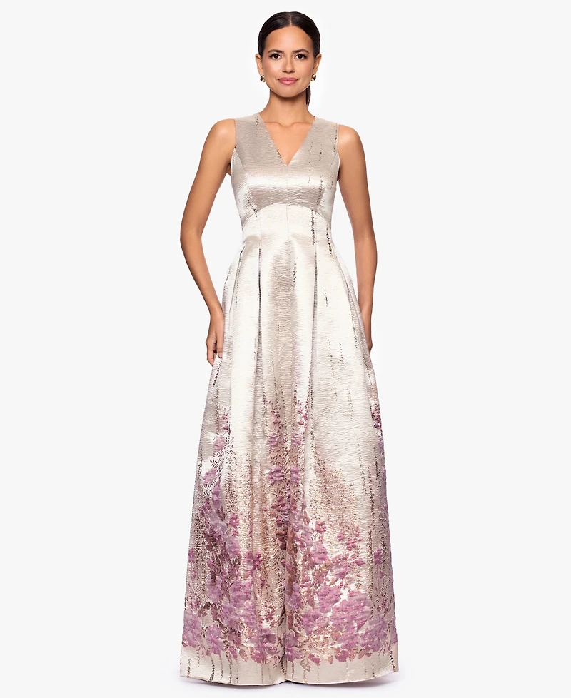 Betsy & Adam Women's Jacquard Pattern V-Neck Long Dress