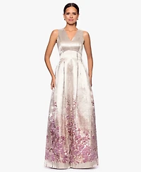 Betsy & Adam Women's Jacquard Pattern V-Neck Long Dress