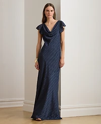 Lauren Ralph Women's Polka-Dot Burn-Out Satin Cowlneck Gown