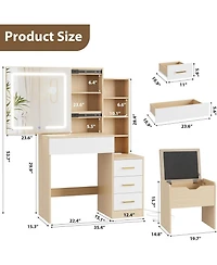 Gaomon Vanity Desk with Sliding Mirror & Lights, 4 Drawers, 7 Shelves, Charging Station, Stool Included, 3 Lighting Modes, Modern Makeup Vanity