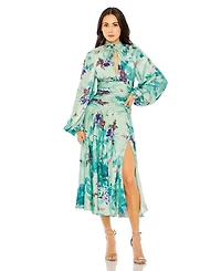 Mac Duggal Women's Keyhole Satin Long Sleeve Floral Gown