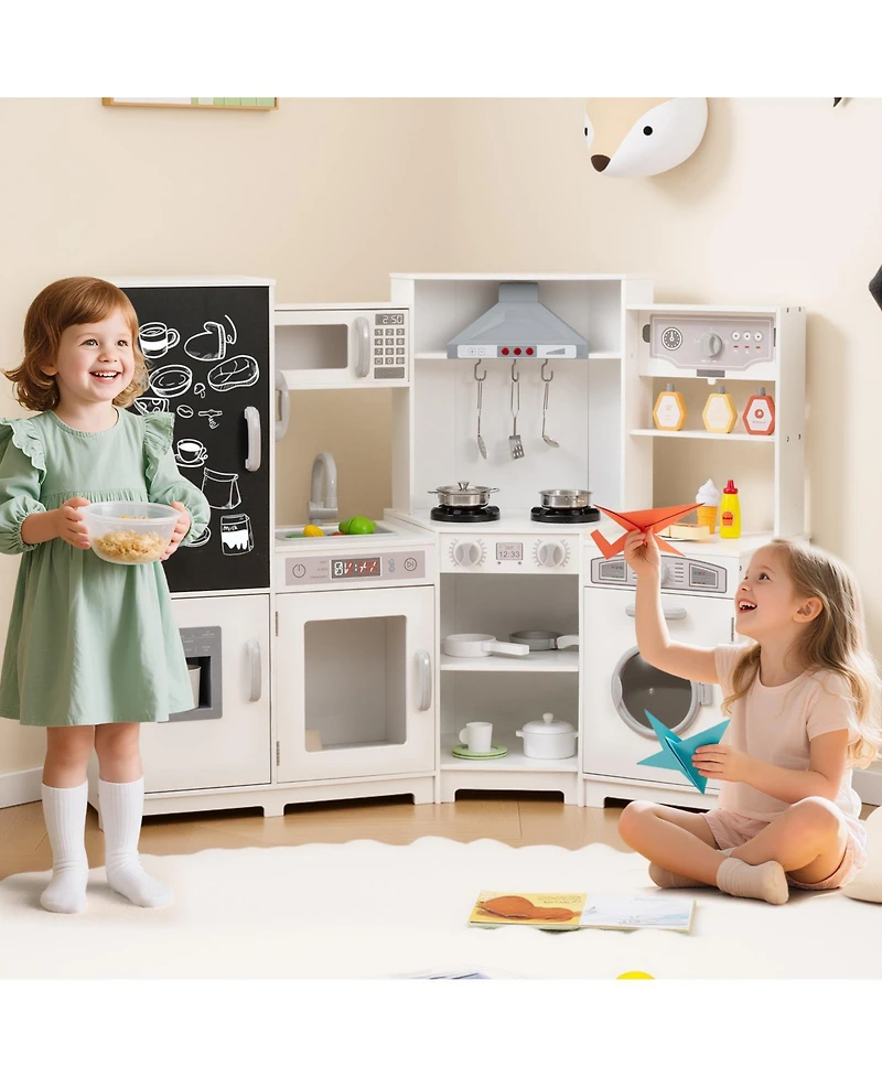 Hongge Wooden Corner Play Kitchen Set With Lights Sounds Ice Maker And Accessories