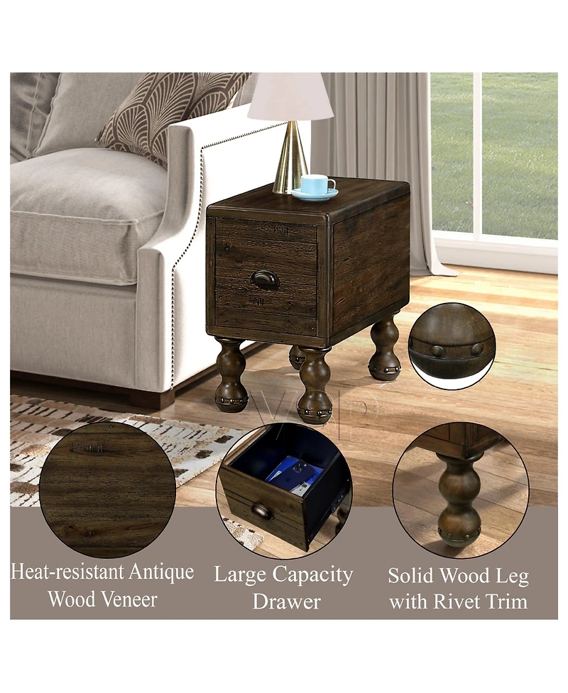 sumyeg Vintage Solid Wood End Table Narrow Rectangle Drawer Nightstand