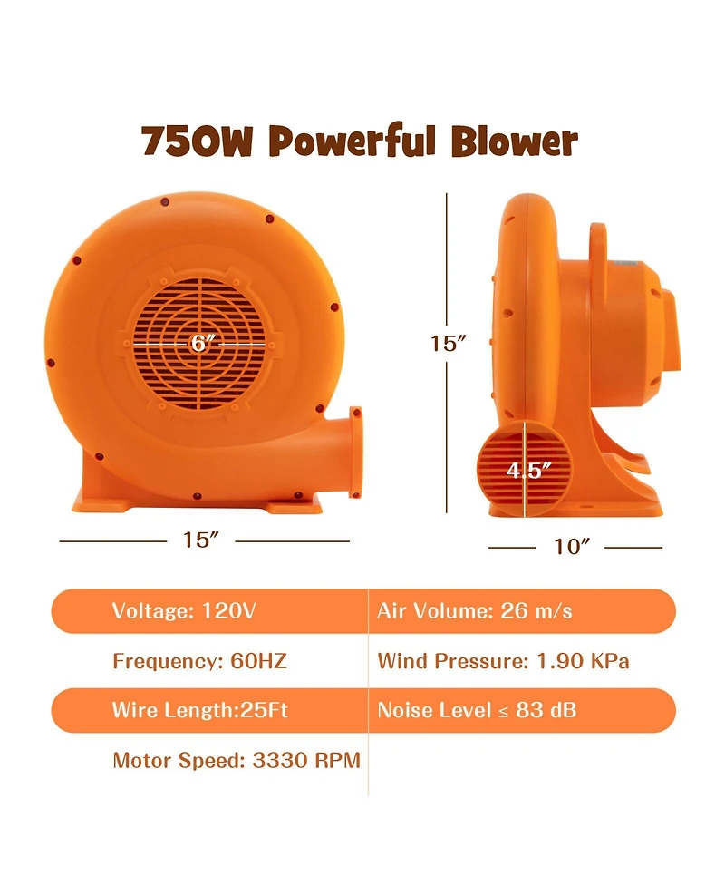 Skonyon 750W Air Blower (1.0HP) for Inflatables with 25 feet Wire and Gfci Plug