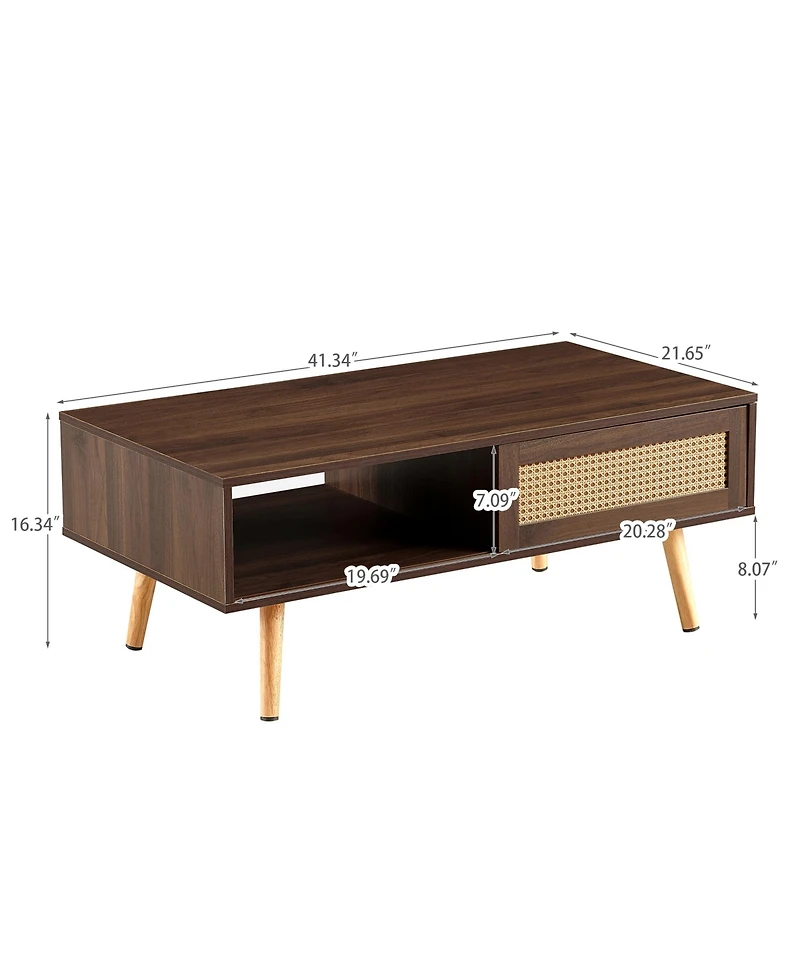 sumyeg Pe Rattan Coffee Table with Sliding Storage Door and Solid Wood Legs for Living Room