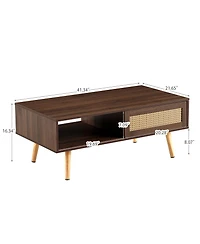 sumyeg Pe Rattan Coffee Table with Sliding Storage Door and Solid Wood Legs for Living Room