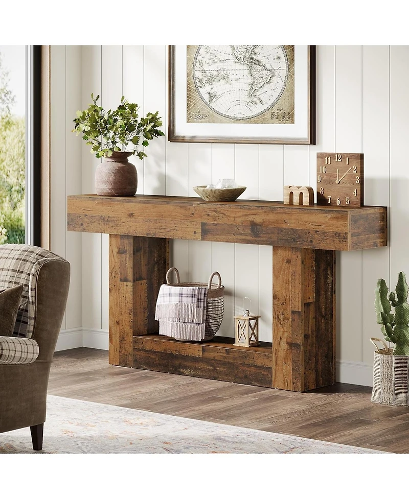 Tribesigns 63" Console Table, Farmhouse 2-Tier Entryway Table with U-Shaped Base, Mix Brown