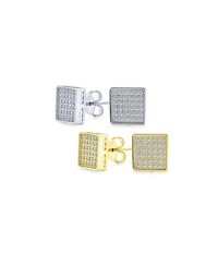 Bling Jewelry Classic Set of 2 Geometric Square Cz Cubic Zirconia Stud Micro Pave Earrings Gold Sterling Silver 8MM