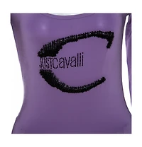 Pre-Owned Roberto Cavalli Women's Lilac Jersey Embellished Logo Scoop Neck Top