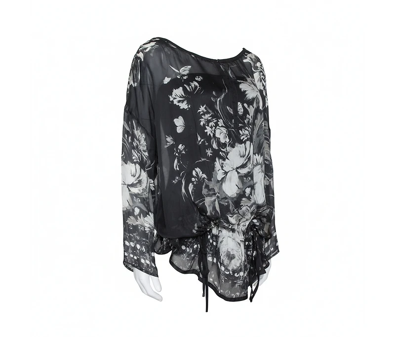 Pre-Owned Roberto Cavalli Women's Black Floral Print Silk Sheer Kaftan Blouse