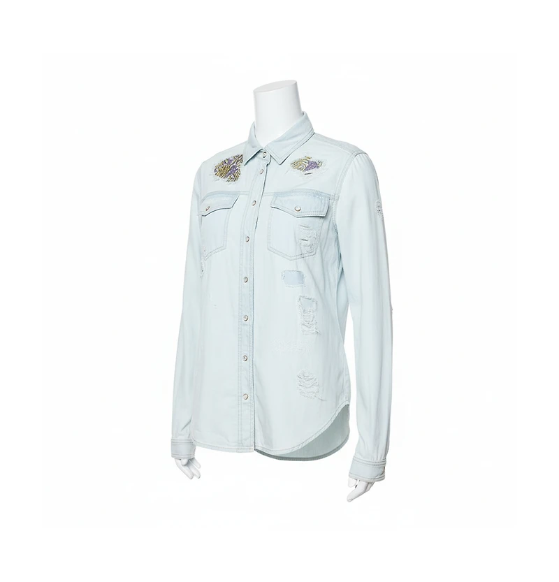 Pre-Owned Roberto Cavalli Women's Light Blue Distressed Denim Patch Detail Shirt