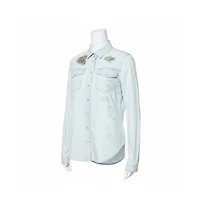 Pre-Owned Roberto Cavalli Women's Light Blue Distressed Denim Patch Detail Shirt