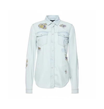 Pre-Owned Roberto Cavalli Women's Light Blue Distressed Denim Patch Detail Shirt