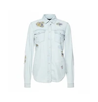 Pre-Owned Roberto Cavalli Women's Light Blue Distressed Denim Patch Detail Shirt