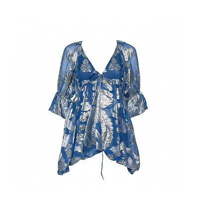 Pre-Owned Stella Mccartney Women's Blue Floral Lamandeacute Asymmetrical Hem Top