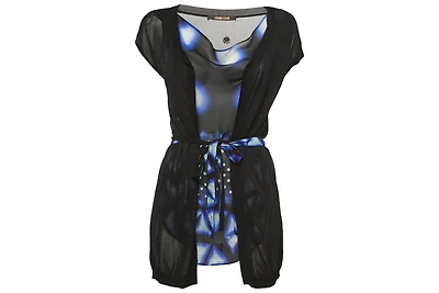Pre-Owned Roberto Cavalli Women's Black/blue Print Silk & Knit Sleeveless Belted Top