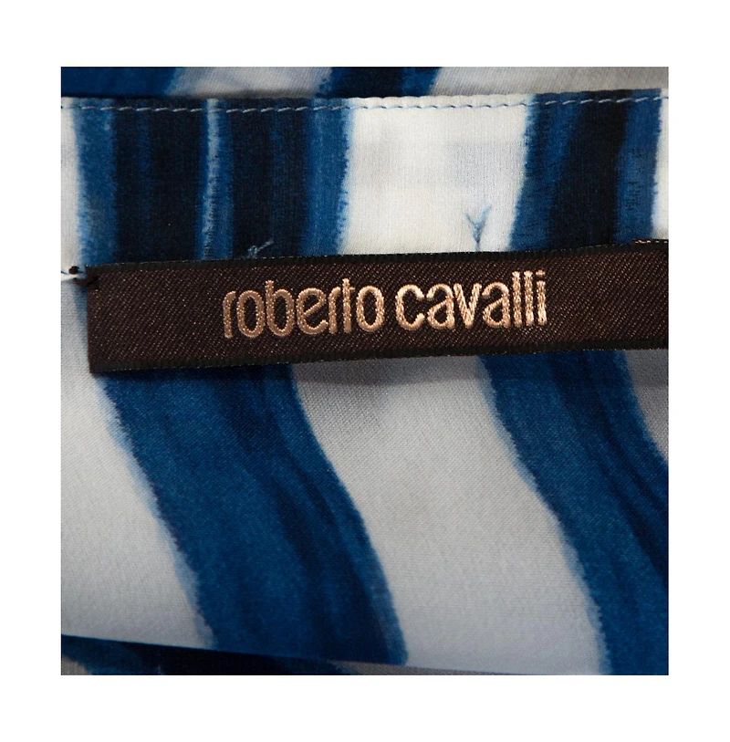 Pre-Owned Roberto Cavalli Women's Blue And White Deco Print Silk Tie Up Blouse