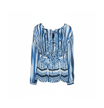 Pre-Owned Roberto Cavalli Women's Blue And White Deco Print Silk Tie Up Blouse