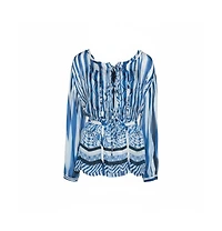 Pre-Owned Roberto Cavalli Women's Blue And White Deco Print Silk Tie Up Blouse