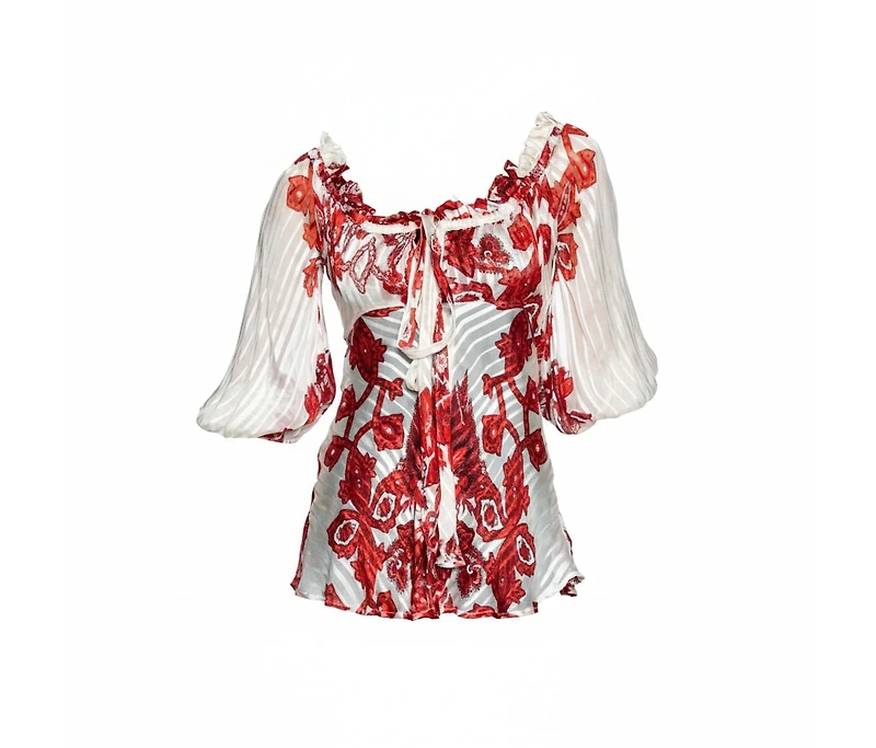Pre-Owned Roberto Cavalli Women's Ivory & Red Printed Silk Neck Tie Detail Blouse