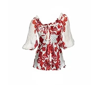 Pre-Owned Roberto Cavalli Women's Ivory & Red Printed Silk Neck Tie Detail Blouse