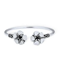 Bling Jewelry Romantic Bali-Inspired Plumeria Cuff Bracelet with Black Rose Floral Stud Earrings Jewelry Set Silver Plated