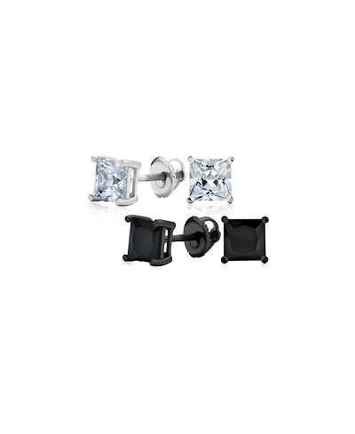 Bling Jewelry Set of 2 Multi Color Square Cz Stud Earrings Silver Black Plated Screw Back