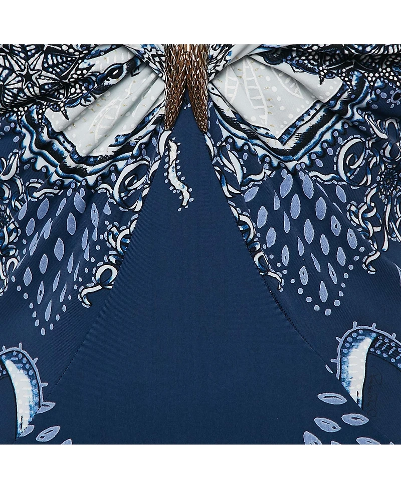Pre-Owned Roberto Cavalli Women's Blue Printed Jersey Brooch Detail Midi Dress