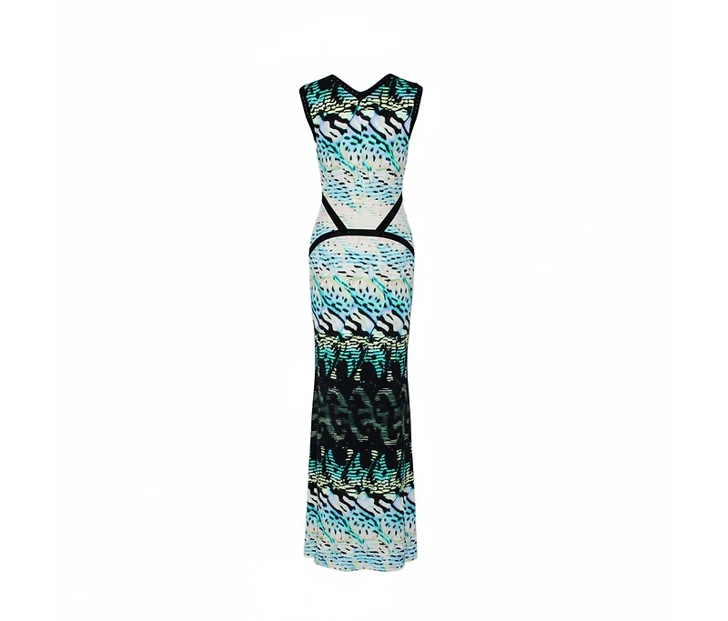 Pre-Owned Roberto Cavalli Women's Multicolor Printed Knit Paneled Sleeveless Maxi Dress