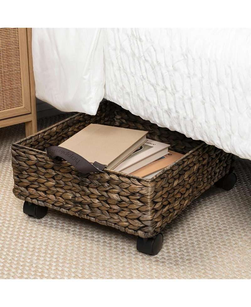 18.11" Hand-Woven Hyacinth Rectangular Underbed Storage Bin with Wheels and Handles