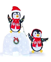 Costway Lighted Christmas Decoration Penguins Igloo 170 White Led Lights for Home