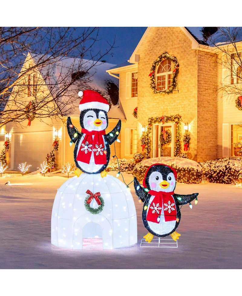 Costway Lighted Christmas Decoration Penguins Igloo 170 White Led Lights for Home