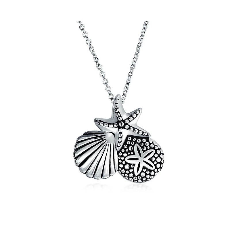 Bling Jewelry Nautical Beach Charm Sandollar Starfish Seashell Pendant Necklace & Earrings Set Sterling Silver