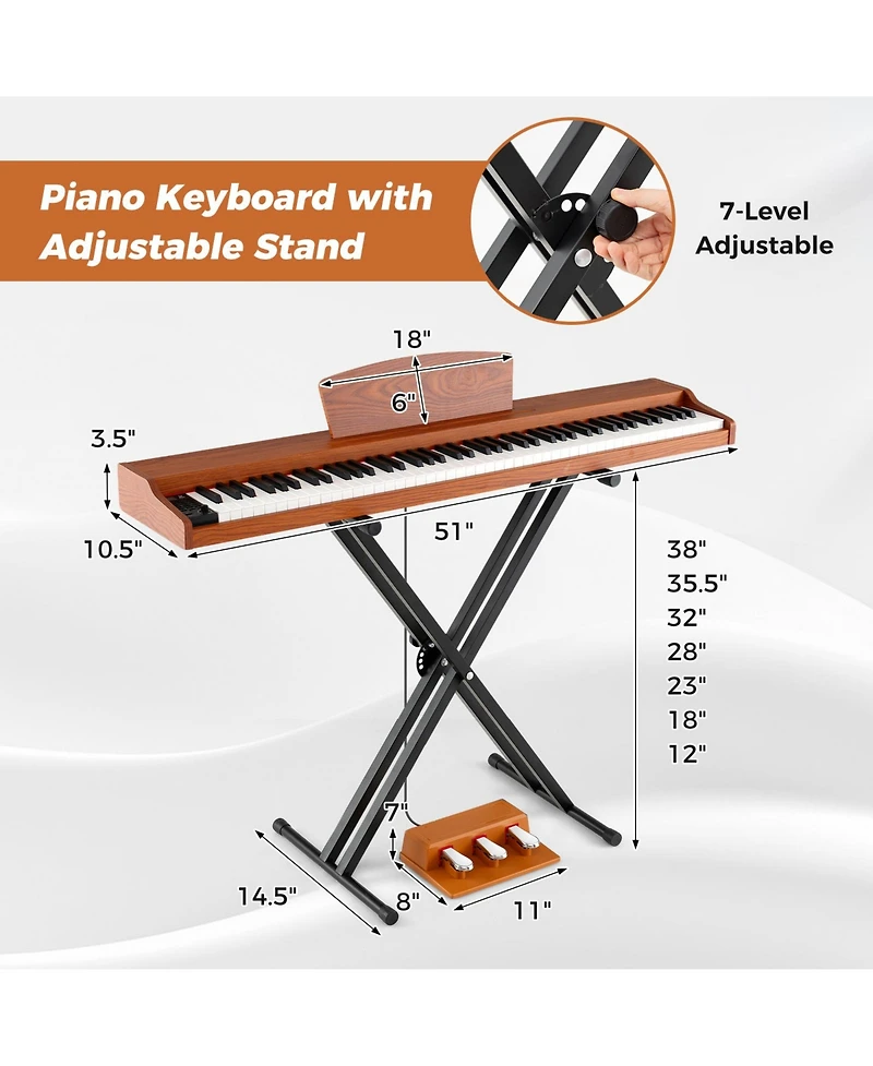 Hongge 88 Key Semi Weighted Digital Piano With Adjustable Stand Triple Pedals And Usb Midi