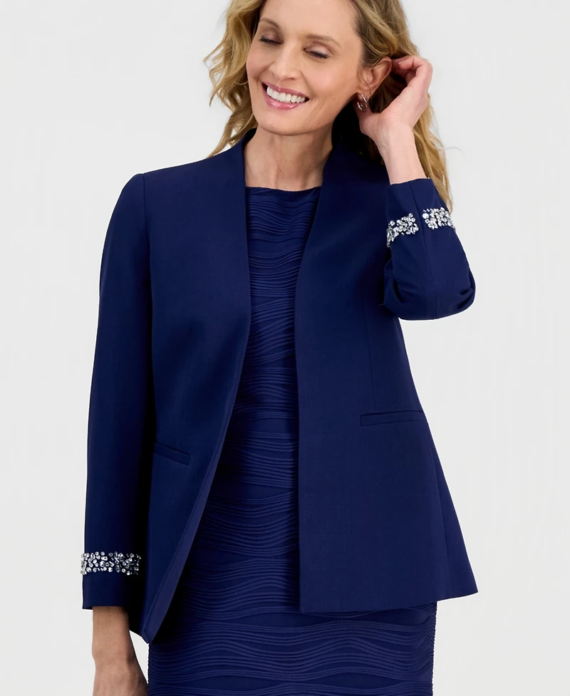 Kasper Women's Stretch Crepe Collarless Embellished Bracelet-Sleeve Jacket