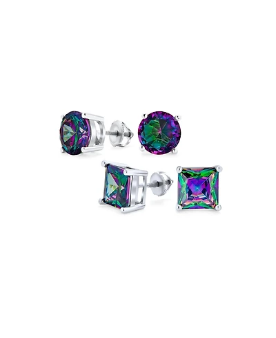 Bling Jewelry Classic Set of 2 Round & Square Mystic Rainbow Cubic Zirconia Cz Stud Earrings Silver Screwback Posts 10MM