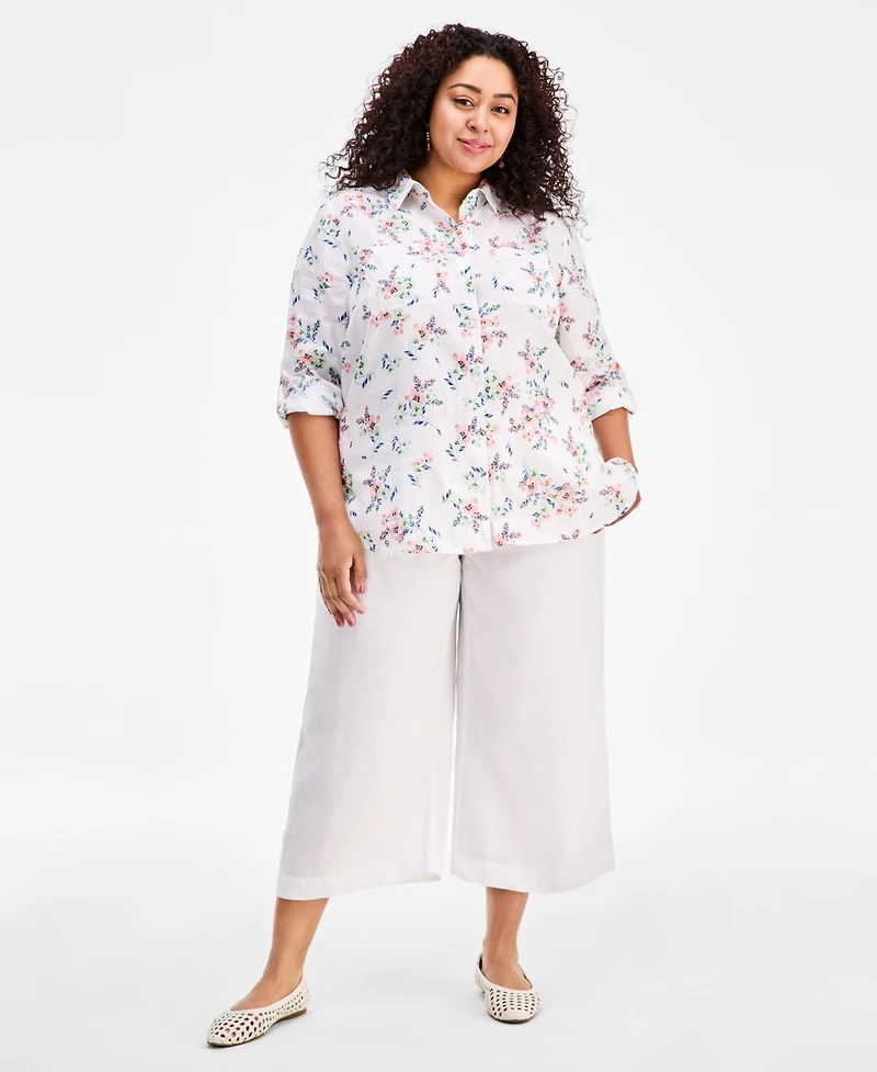 Charter Club Plus Garden Button-Front Double Pocket Linen Shirt, Macy's Exclusive