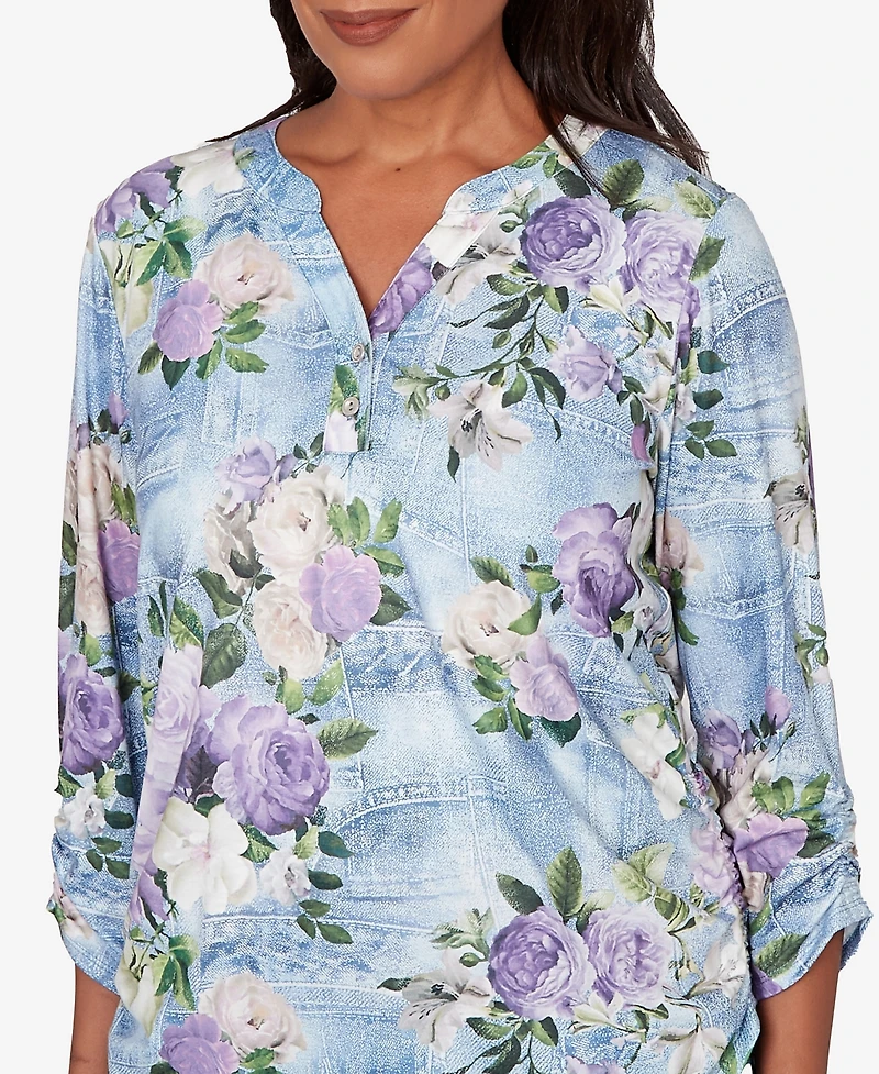 Alfred Dunner Petite Hilton Head Denim Floral Applique Henley Top